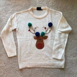 •CHRISTMAS SWEATER• Cream Rudolph w Pom Poms